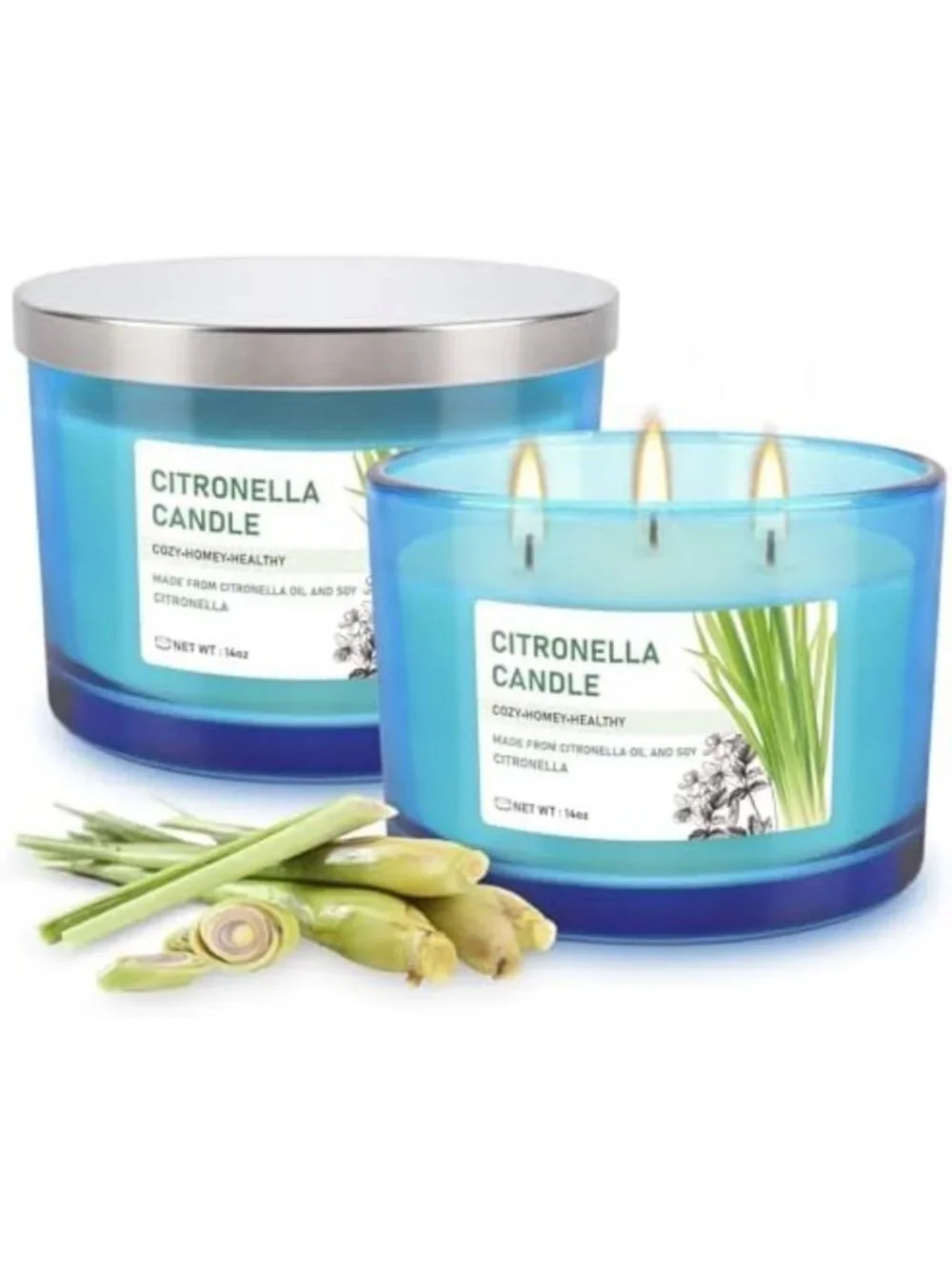 Set of 2 Large 14oz 3-Wick Citronella Candles for Outdoor & Indoor Use